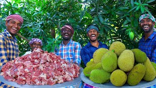 JACKFRUIT MUTTON  Raw Jackfruit Mutton Gravy Cooking in Village  Spicy Mutton Recipe Mutton Curry [upl. by Caputo425]