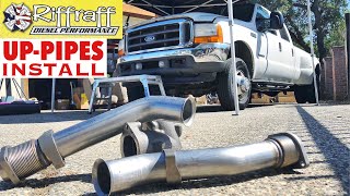 2001 F350 73  RiffRaff UpPipes Install  Stock up pipes leaking and falling apart JUNK SP [upl. by Aihcela249]